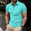 Men's solid colour short sleeve polo shirt with button lapel in a cotton-mix fabric.