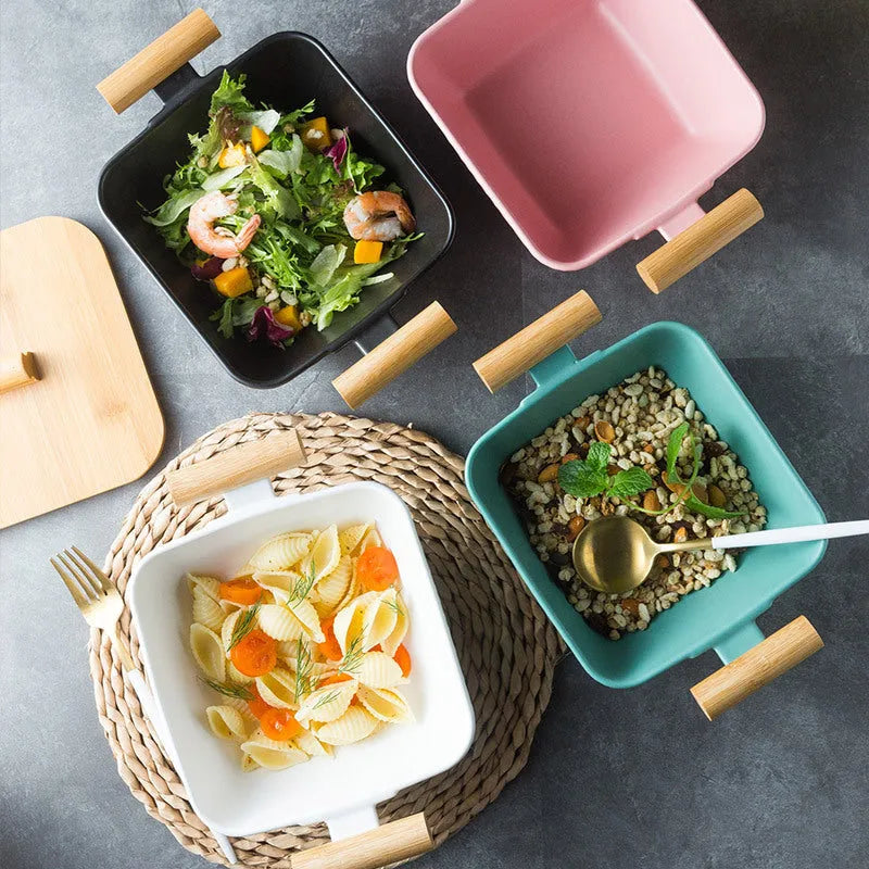 Creative irregular shaped porcelain ceramic bowl with matching lid in black green pink or white colours