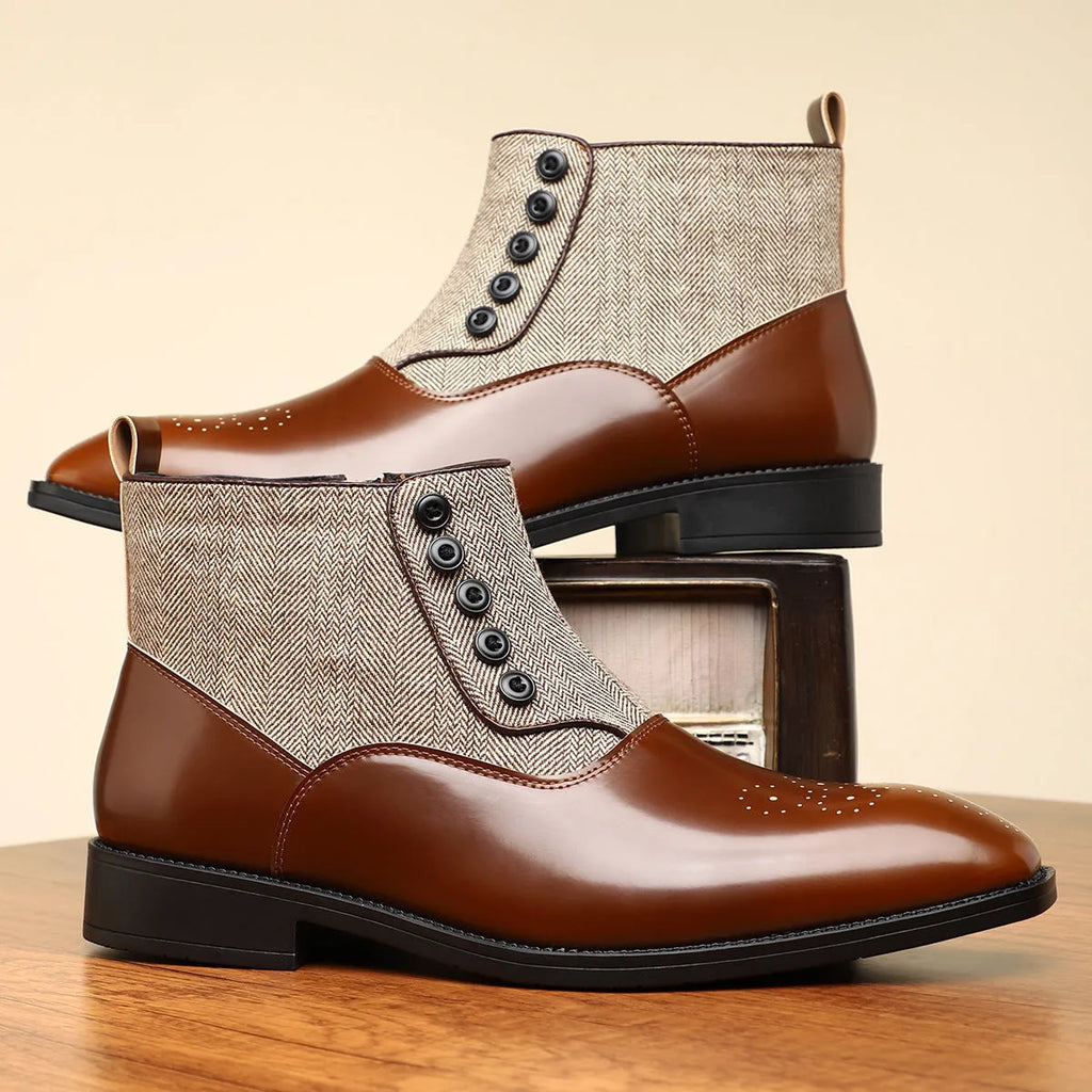 Men's brown and green retro leather shoes with side zipper and square toe for business wear