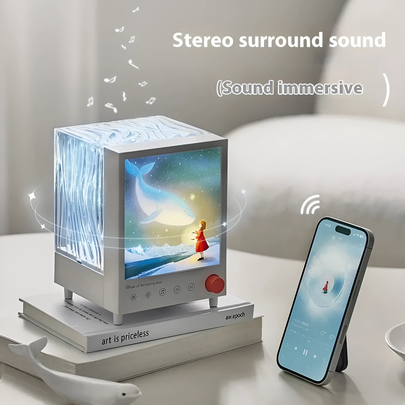 Aurora Treasure Box Star Sea Whale projection lamp with Bluetooth speaker, showing compact design.