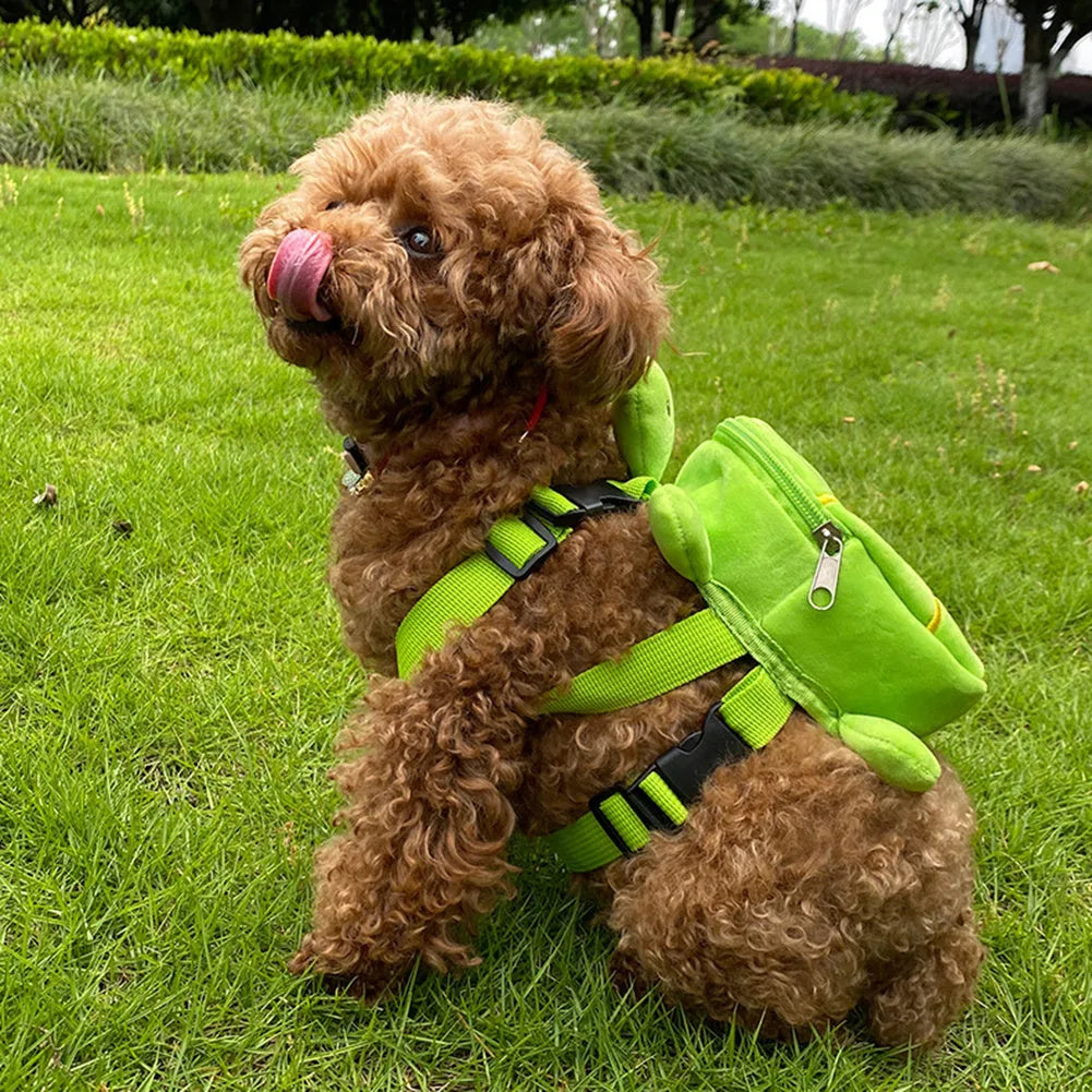 Turtle shaped dog backpack harness in velvet with metal zipper showing brown colour option