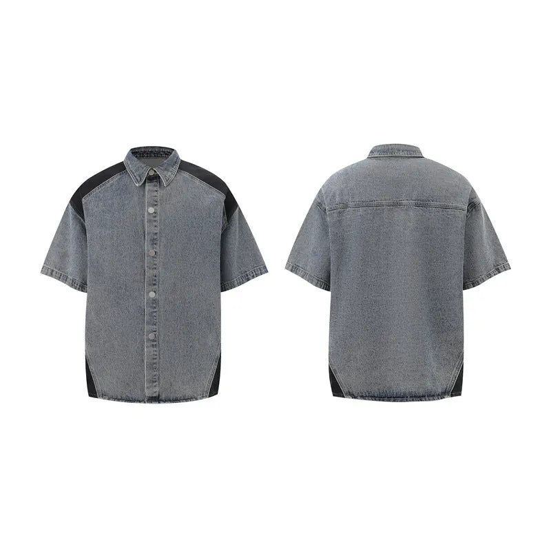 Retro washed denim jeans suit featuring a short-sleeved jacket and matching trousers in a blue colour set.