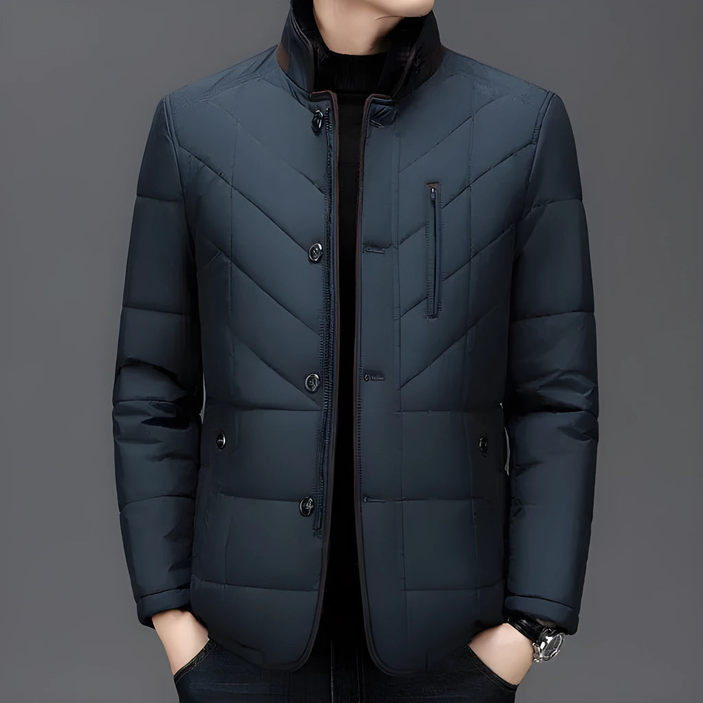 Men's solid-colour short winter padded coat with side seam pockets, shown in dark blue.