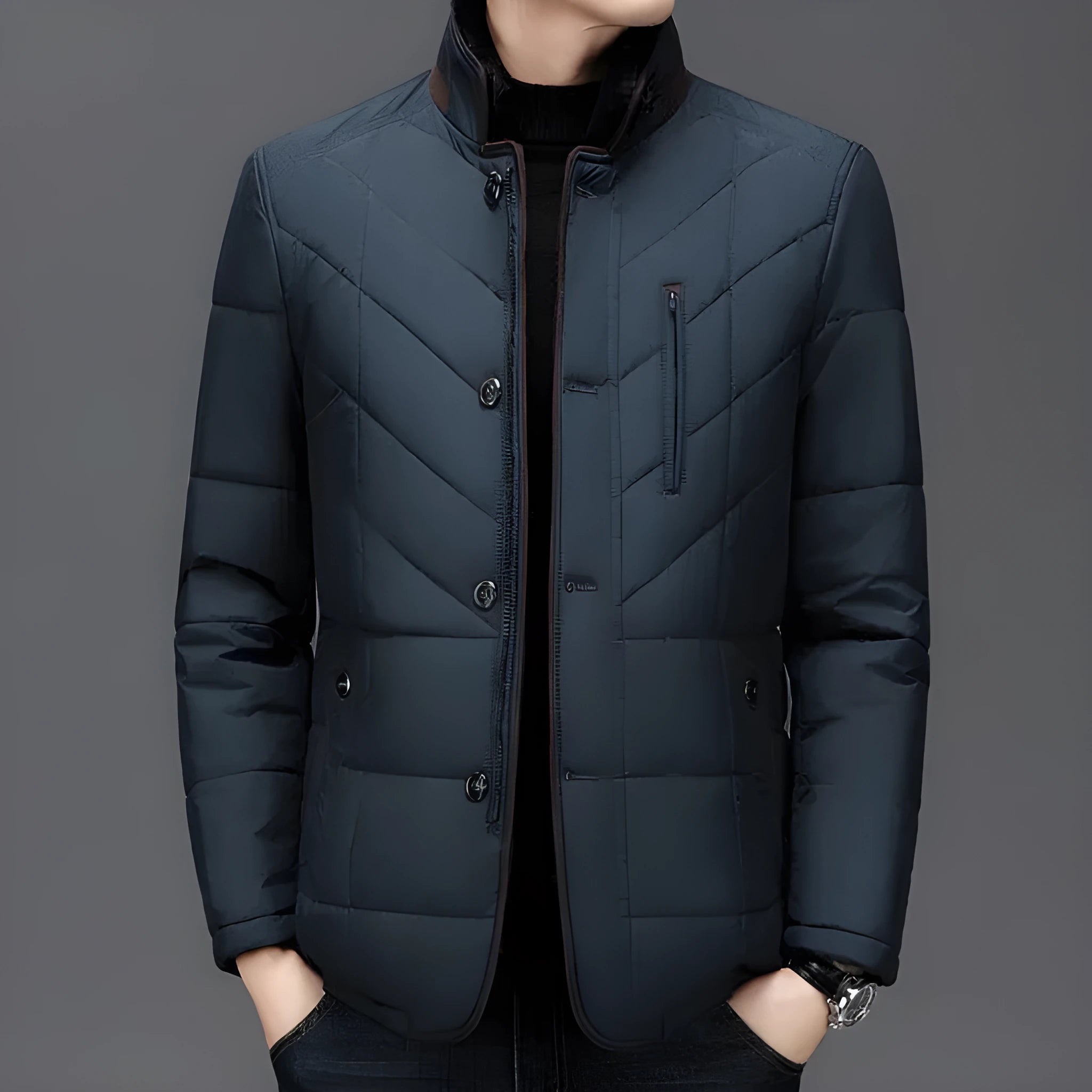 Men's solid-colour short winter padded coat with side seam pockets, shown in dark blue.