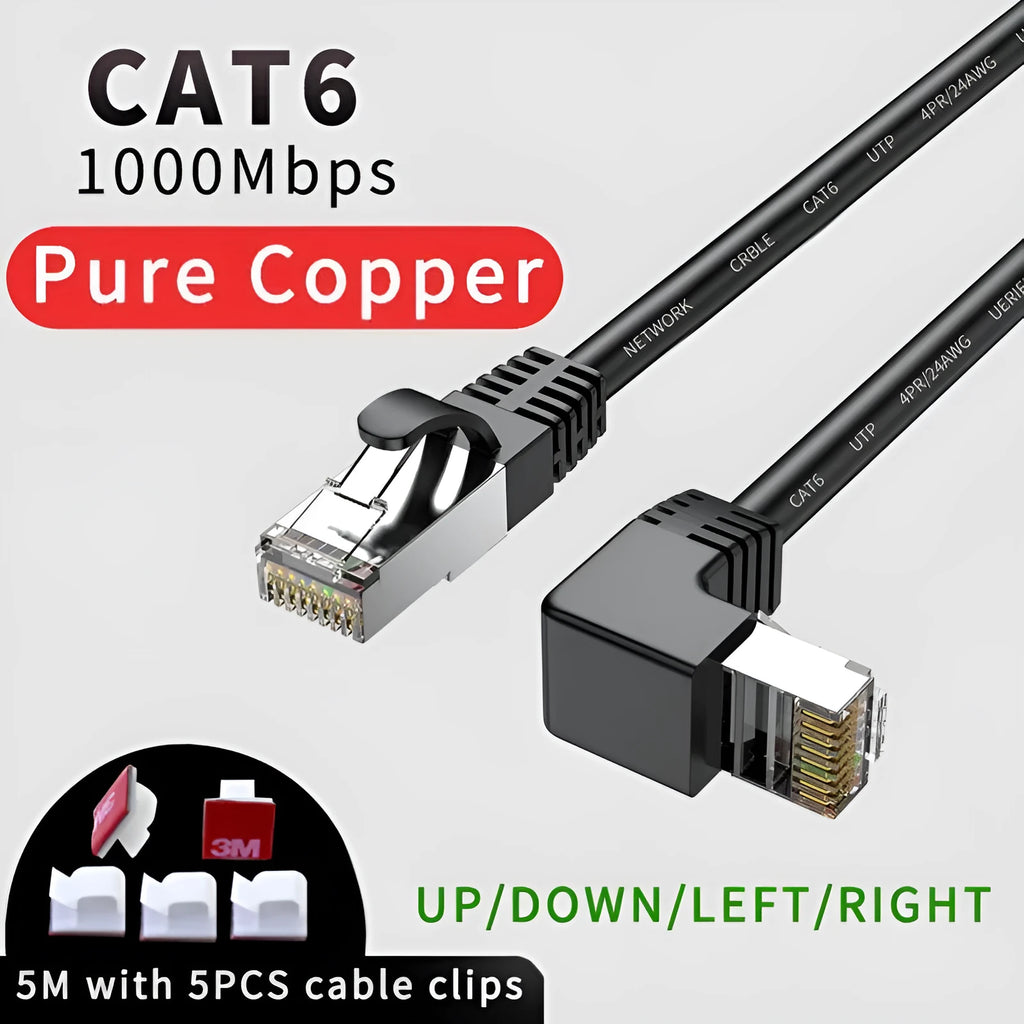 Right-angle Cat6 Ethernet cable with metal RJ45 connector in black