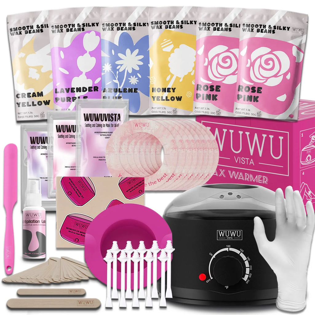 WUWUVISTA black or pink 200cc wax warmer with wax beads, applicators, and aftercare products for home hair removal