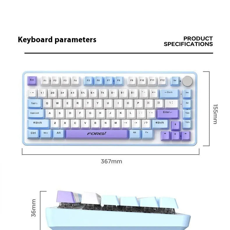 A mechanical keyboard and mouse set in a selected colour, showcasing its three-mould keycaps and model design.
