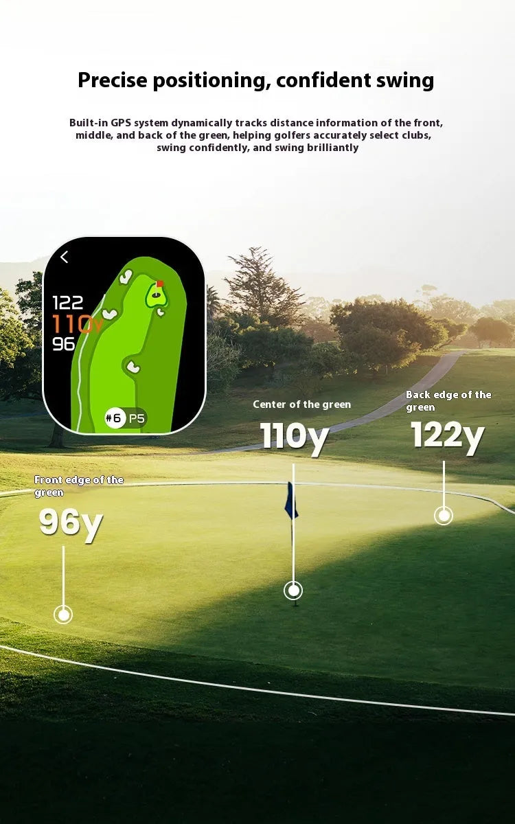 Black GPS golf rangefinder with AMOLED touch screen showing distance measurement display