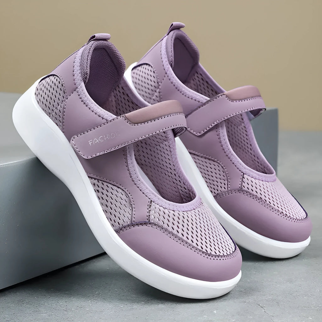 Women's grey mesh casual shoes with Velcro fastening and flat polyurethane sole