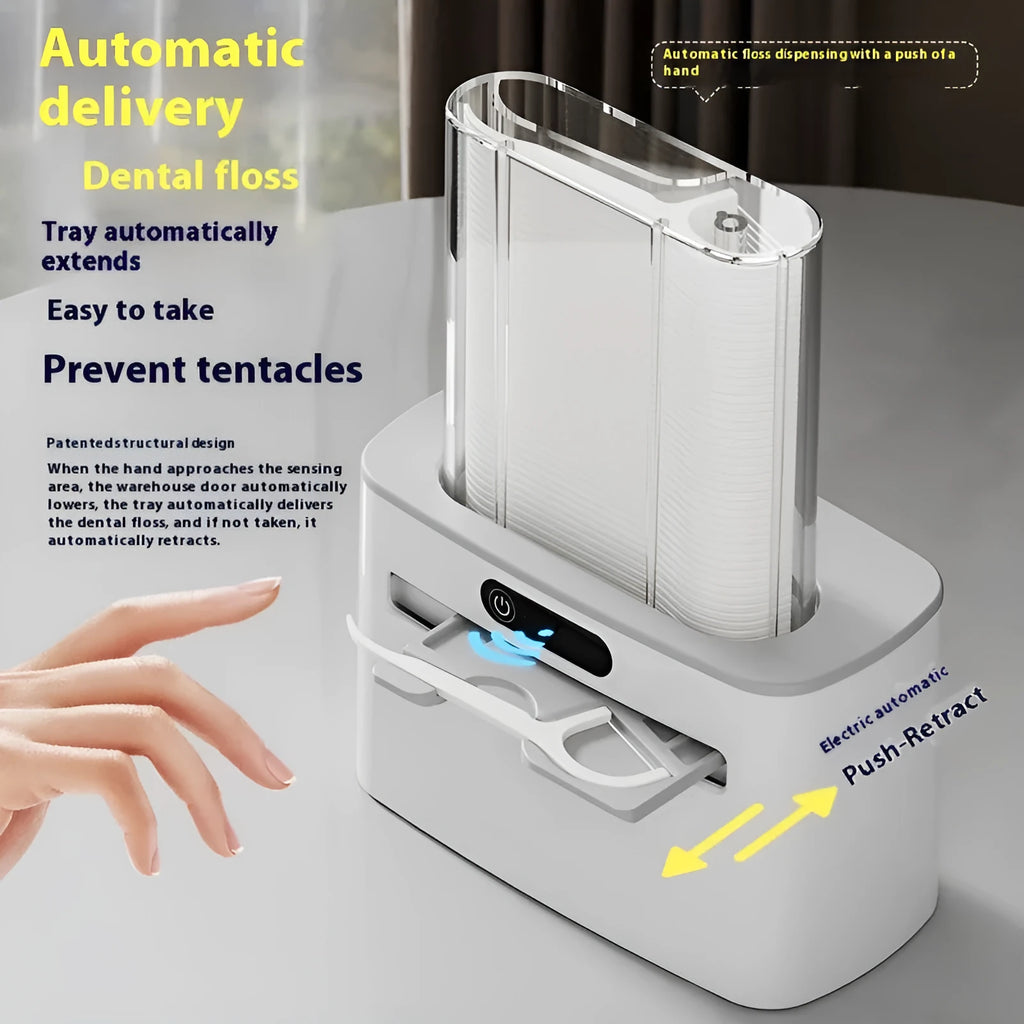 Intelligent induction automatic dental floss box in dark grey, light grey, or gold, showing floss pick dispensed.