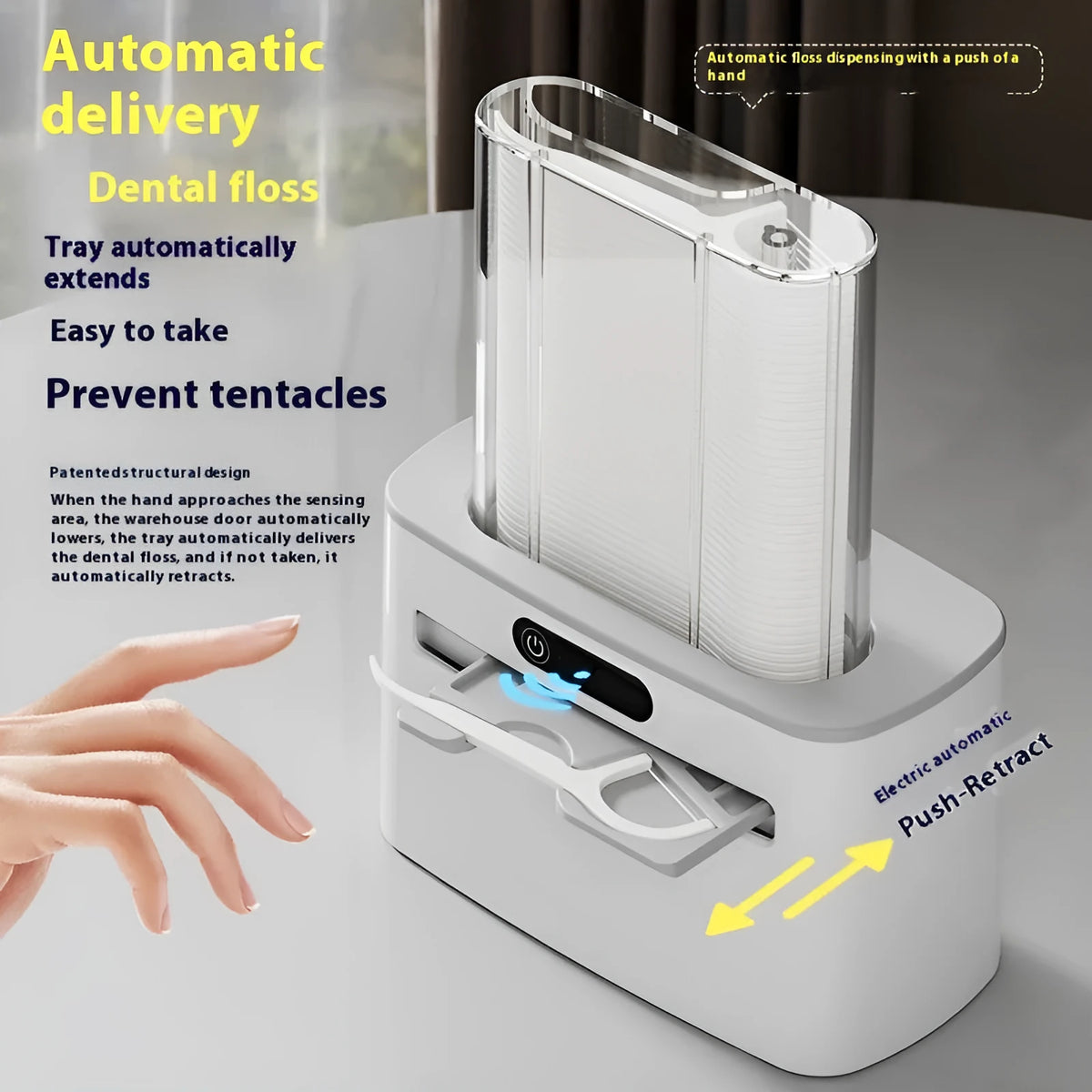 Intelligent induction automatic dental floss box in dark grey, light grey, or gold, showing floss pick dispensed.