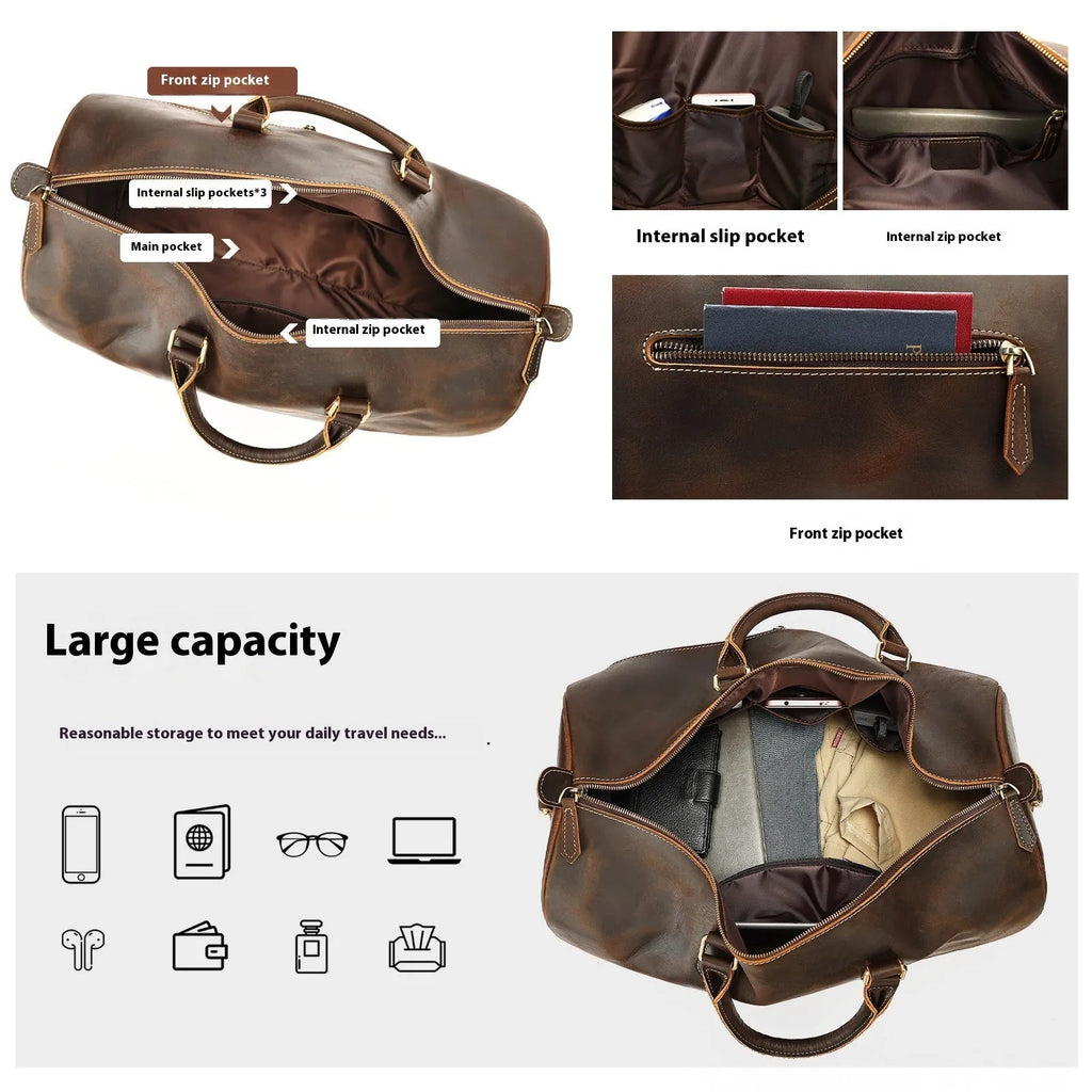 Men's genuine leather crossbody bag in brown with vintage styling and large 48.3cm width