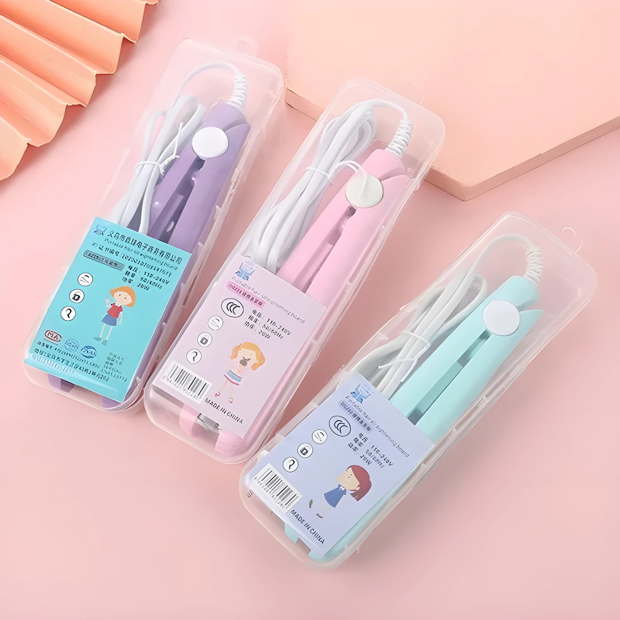 Mini hair straightener and curler for bangs styling in a choice of colours with a storage box.