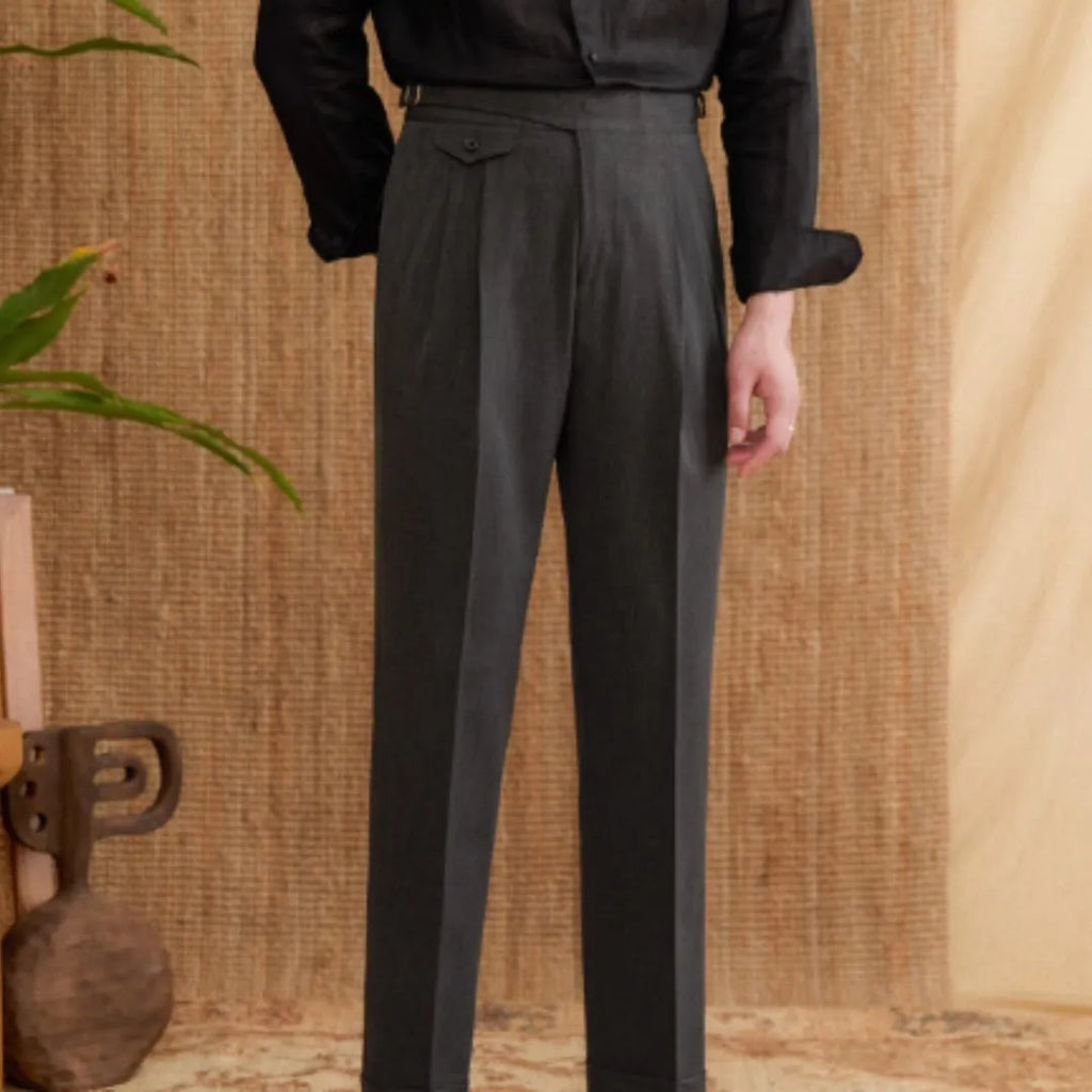 Men's slim fit straight leg trousers in dark grey, made from wrinkle-resistant polyester fabric