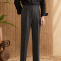 Men's slim fit straight leg trousers in dark grey, made from wrinkle-resistant polyester fabric