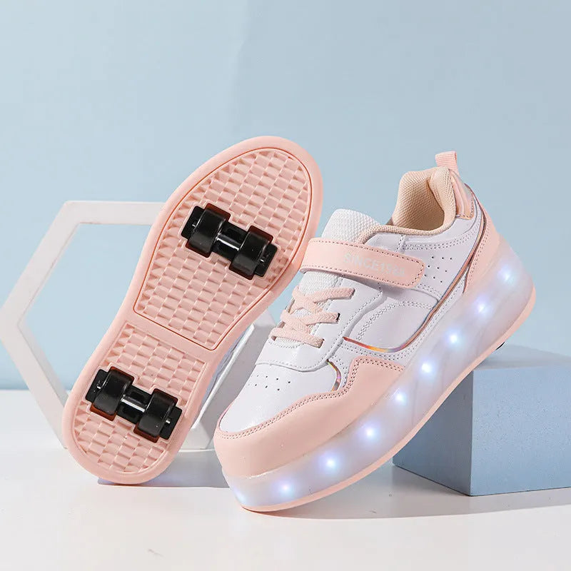 Children's charging flash rollerskates with LED illuminated wheels in multiple colour options