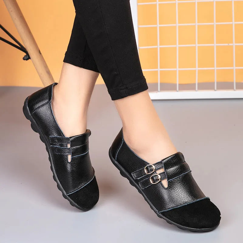 Women's plus-size black casual flat shoes with hook-and-loop fastening and round toe