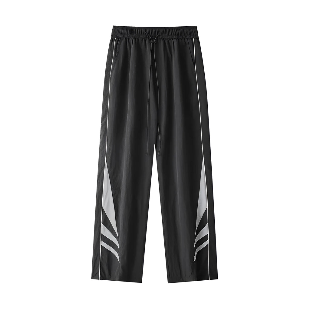 Men's straight leg casual sports trousers in black cotton blend fabric with elastic waist