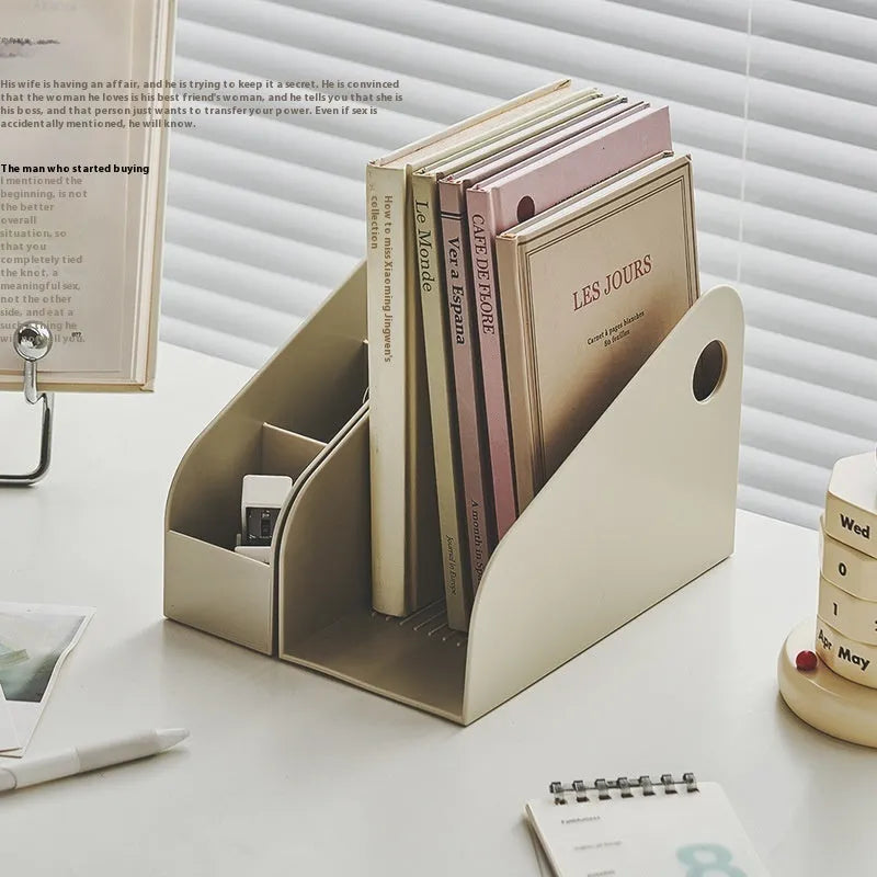 Plastic desktop storage box with two grid compartments in ivory white or milk coffee colour