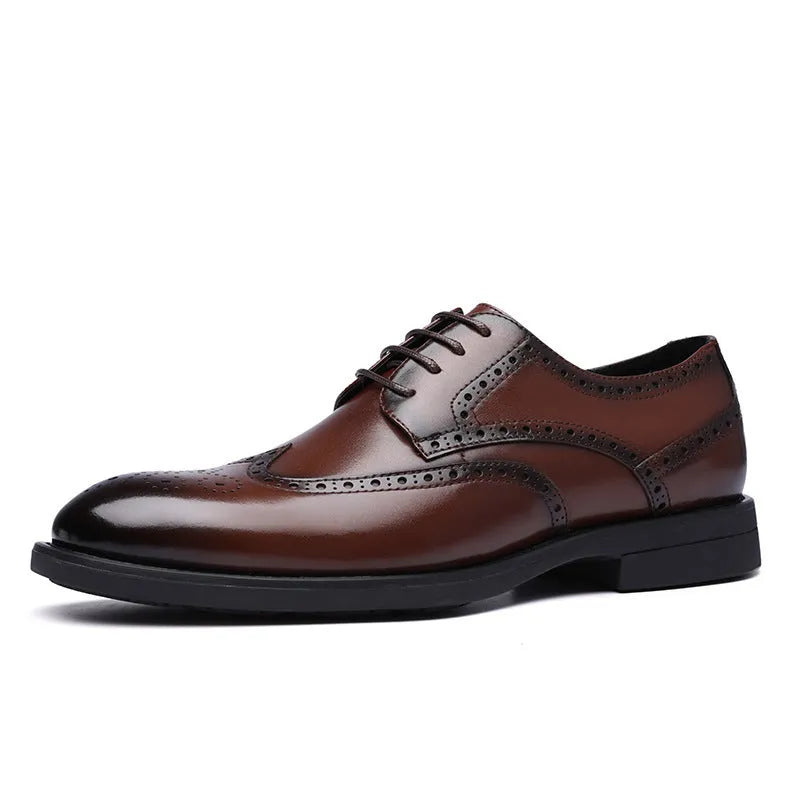 Men's black and brown brogue leather shoes in business style with PU leather upper material