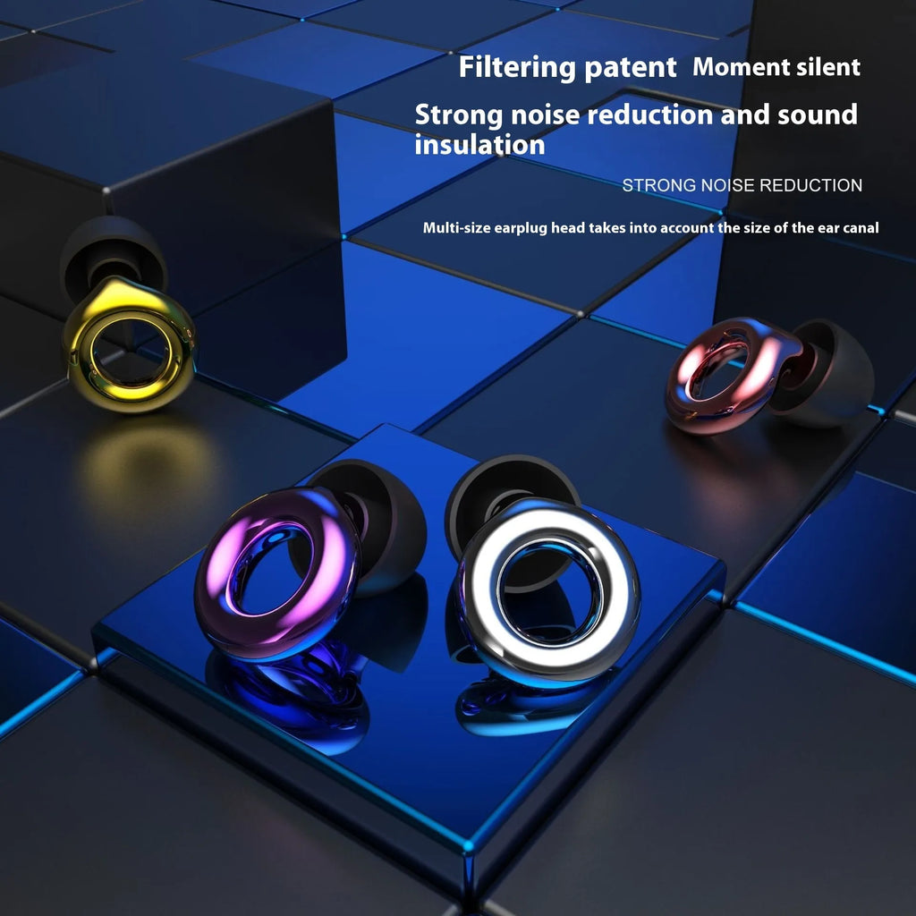 Noise reduction sleep earplugs in gold, silver, transparent, purple and rose gold colours with storage box.