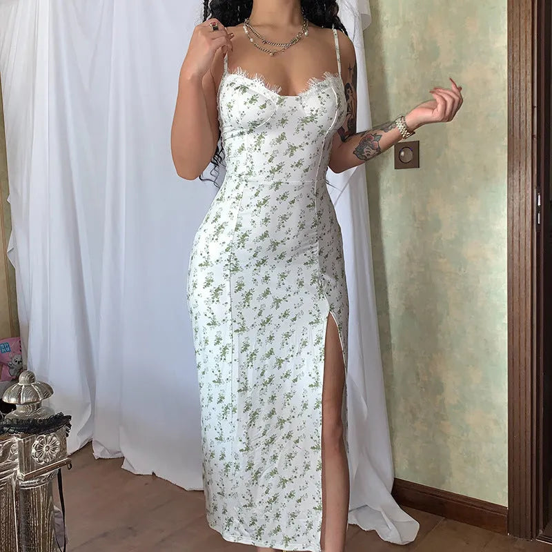 Lace flowers print long dress with high slit and suspender design in polyester fabric