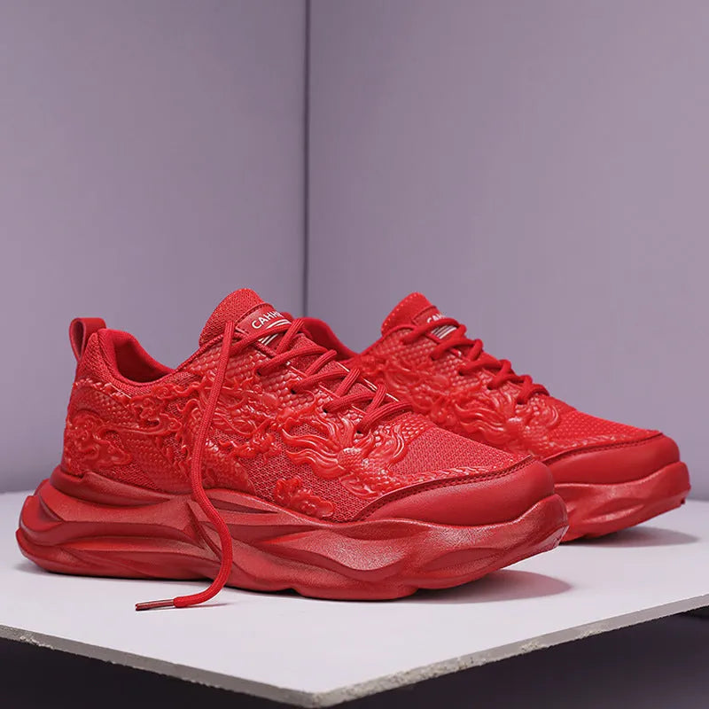 Casual sneakers with fly knit upper in Chinese dragon colours and rubber sole