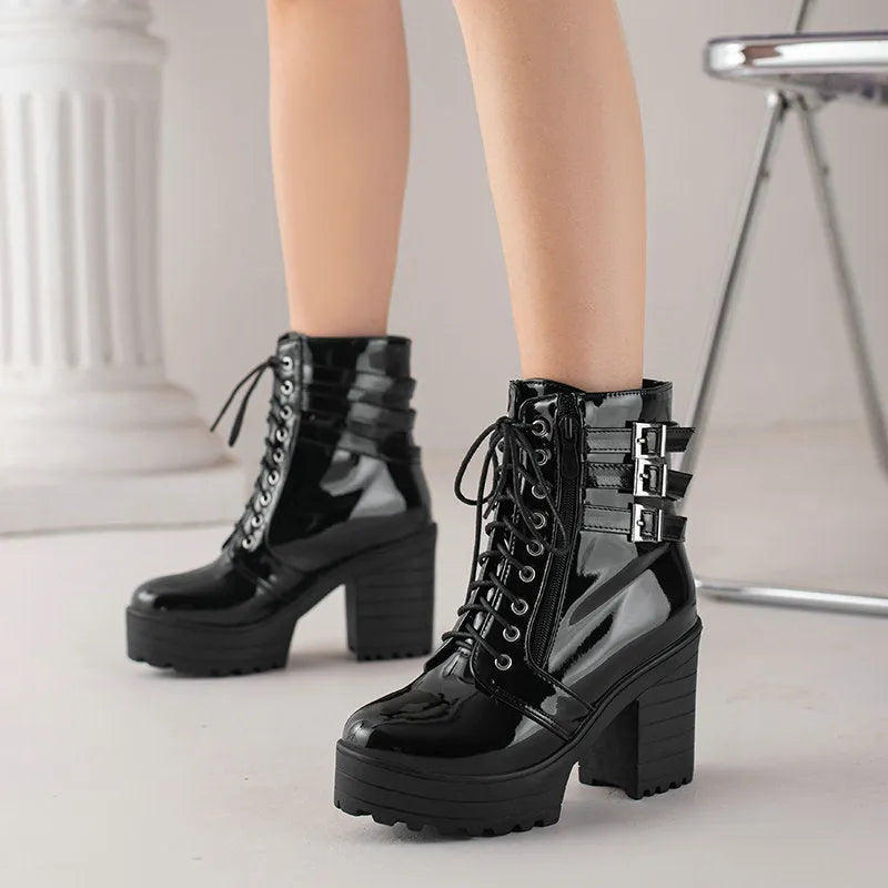 Women's black thick-heeled ankle boots with round toe and front lace-up design