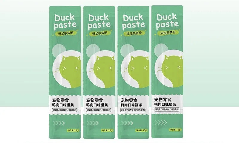 Pack of kitten cat strip snacks showing four flavour options in 10-piece packaging