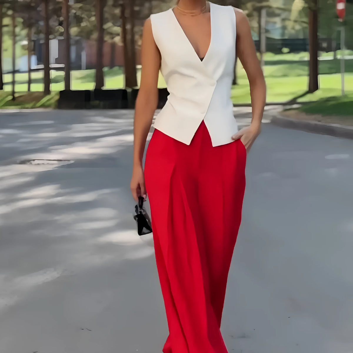 Women's beige two-piece set with deep V-neck sleeveless top and high-waist wide-leg trousers