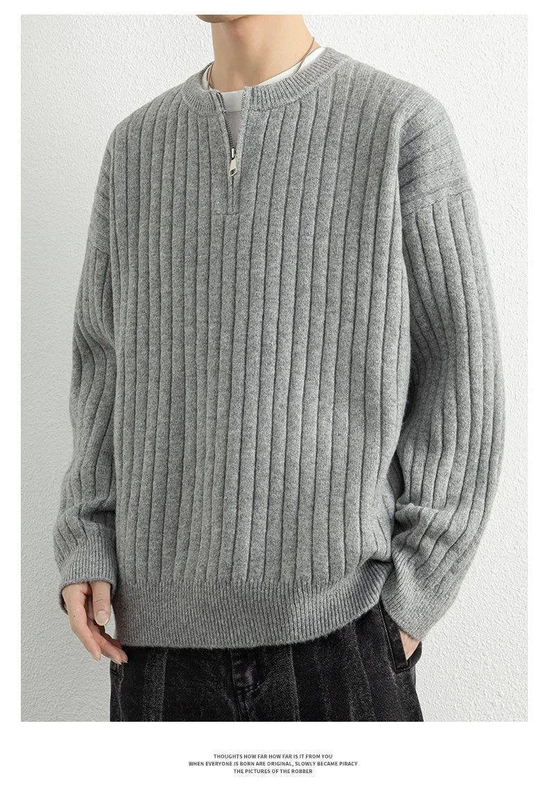 Men's grey half-zip textured knit sweater with loose fit and long sleeves