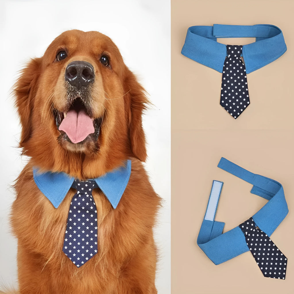 Denim dog collar with star pattern necktie in bow style, adjustable sizing for formal events