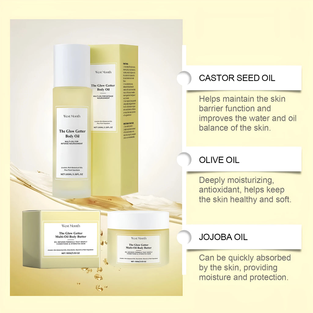Nourishing and firming body care kit with 100ml skincare oil and 100g moisturising cream
