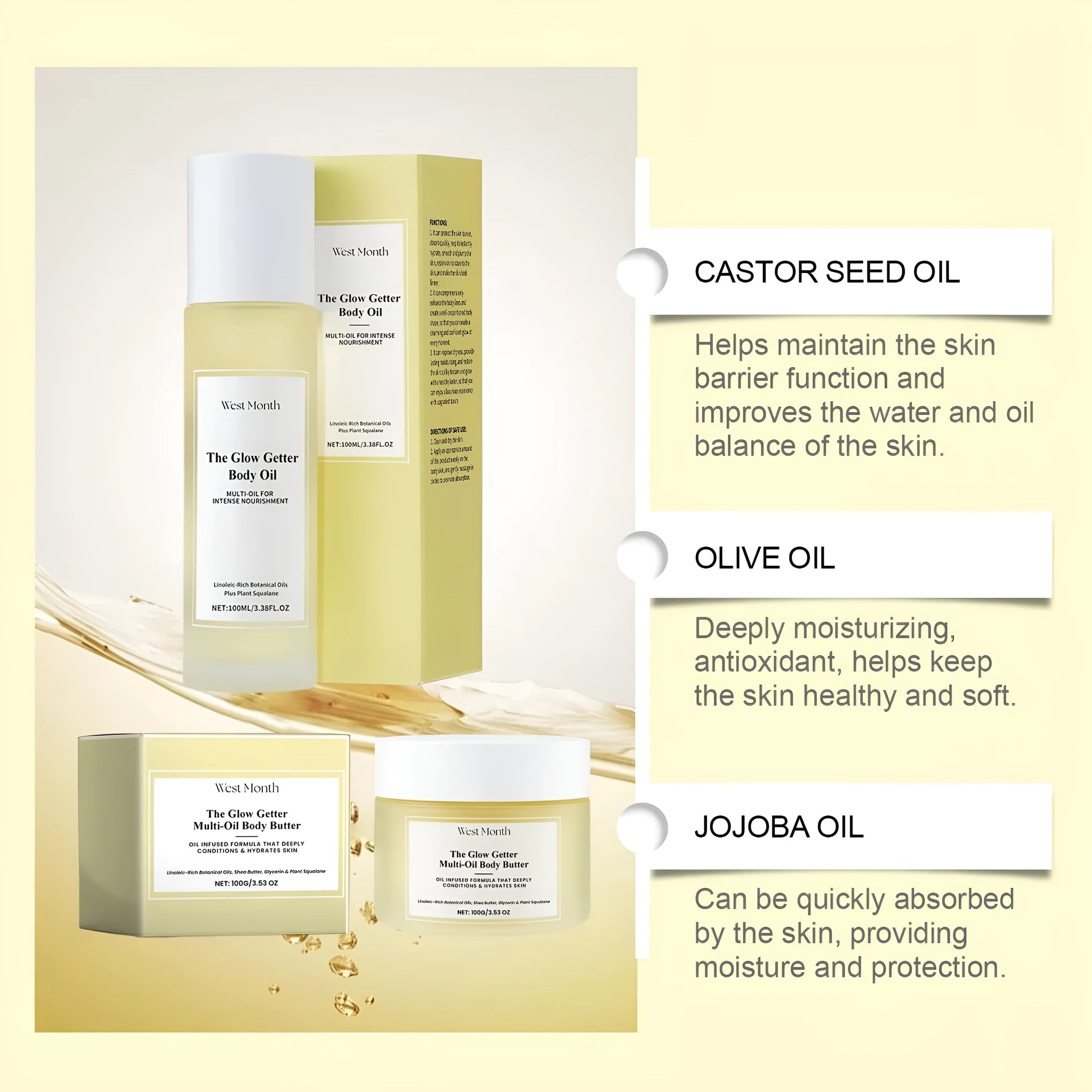 Nourishing and firming body care kit with 100ml skincare oil and 100g moisturising cream