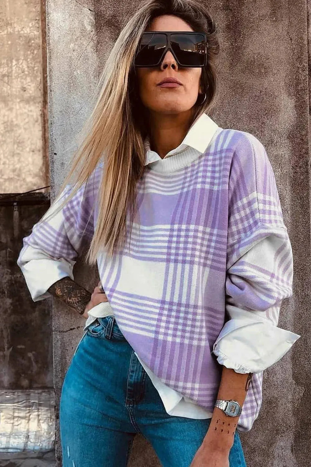 Lilac plaid print women's sweater with ribbed collar and cuffs in loose fit design