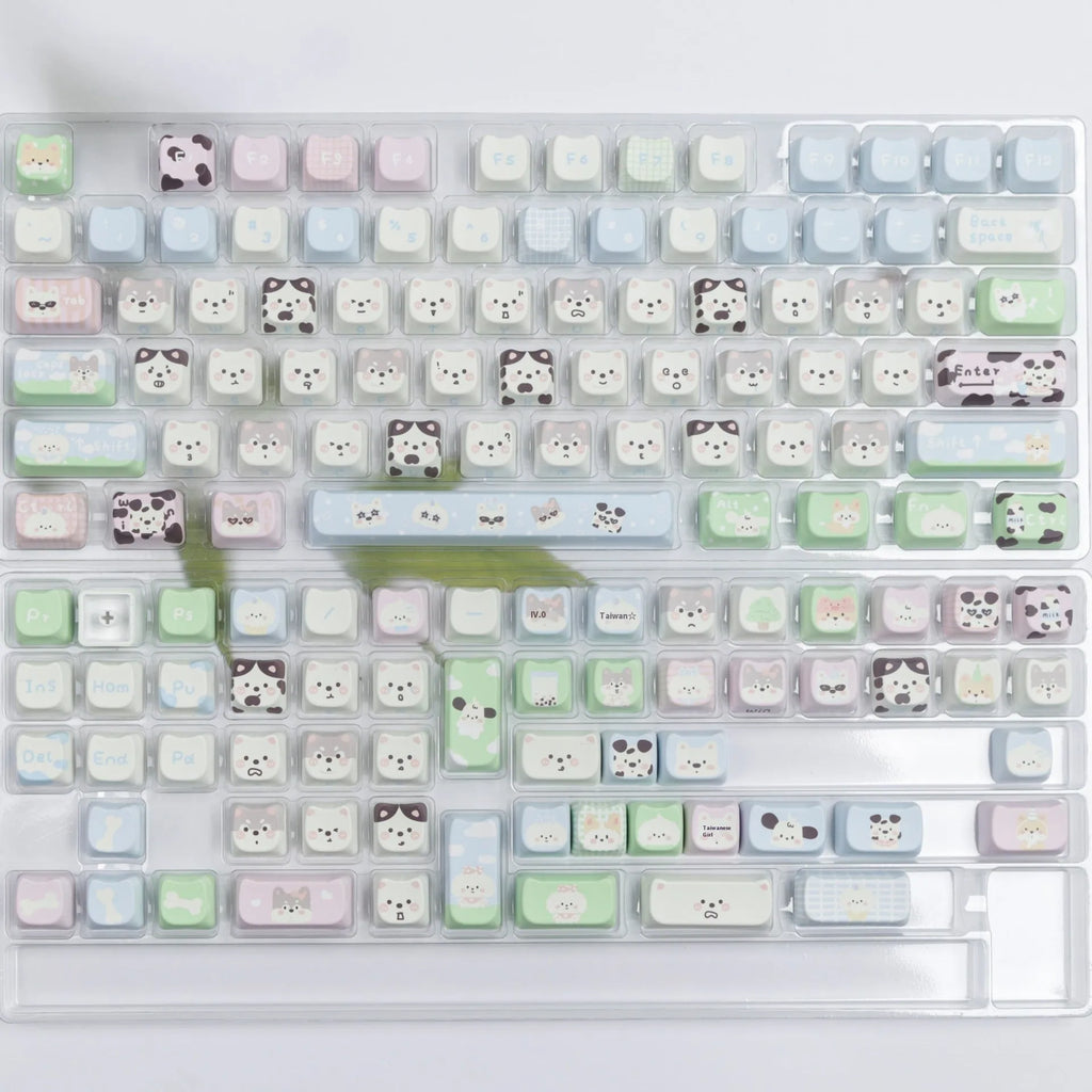 PBT sublimation keycap set with cute puppy designs for mechanical keyboards