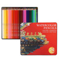 Water-soluble coloured pencil set with 24 wooden pencils in a flat iron storage box.