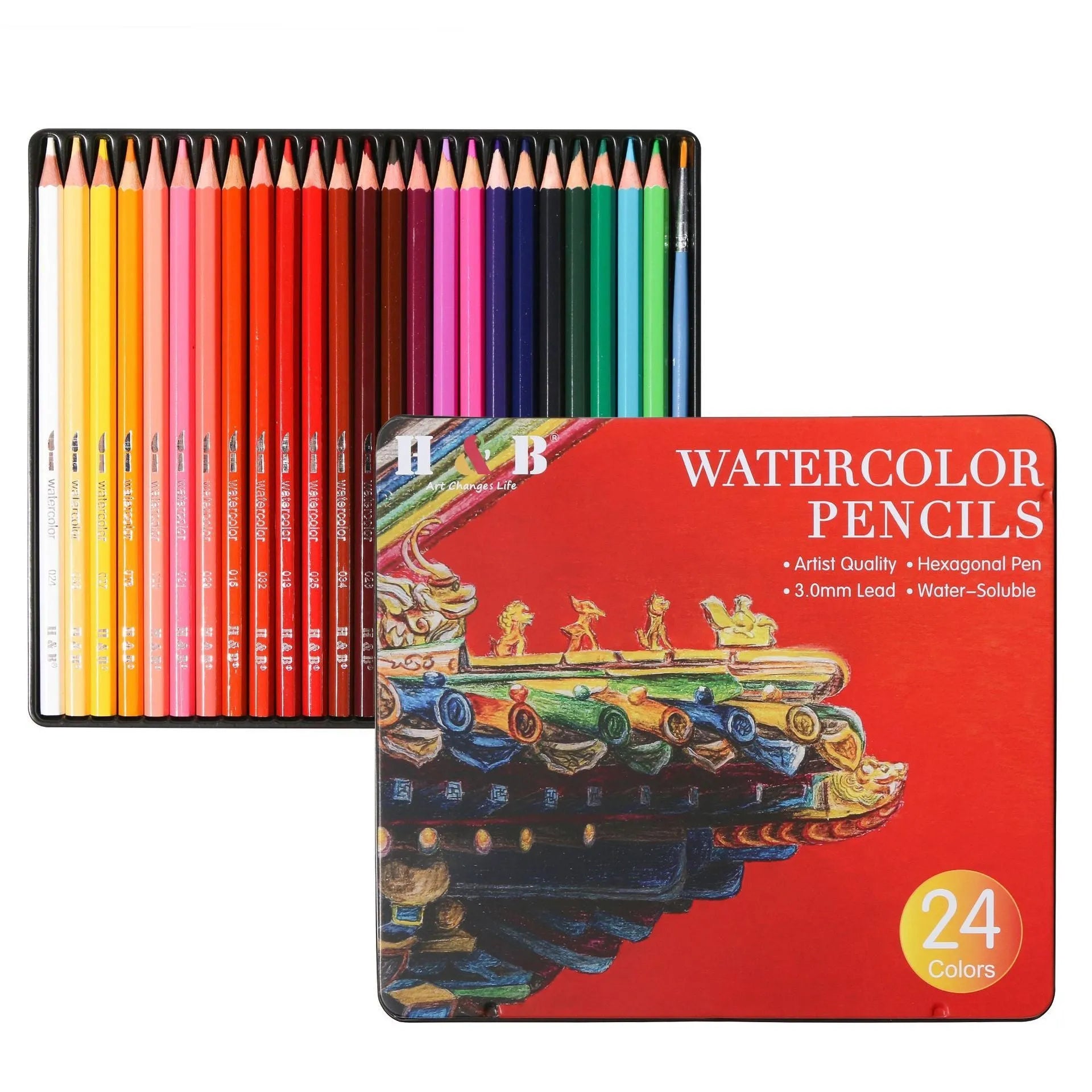 Water-soluble coloured pencil set with 24 wooden pencils in a flat iron storage box.