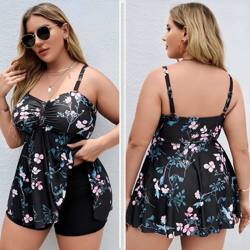 Women's split colour floral print one-piece swimsuit in polyester fabric with high elasticity