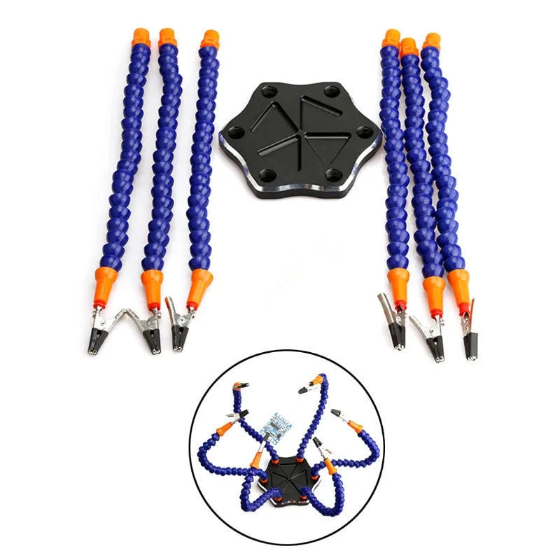 Aluminium alloy six-arm welding station with adjustable clamps in black or purple colour options