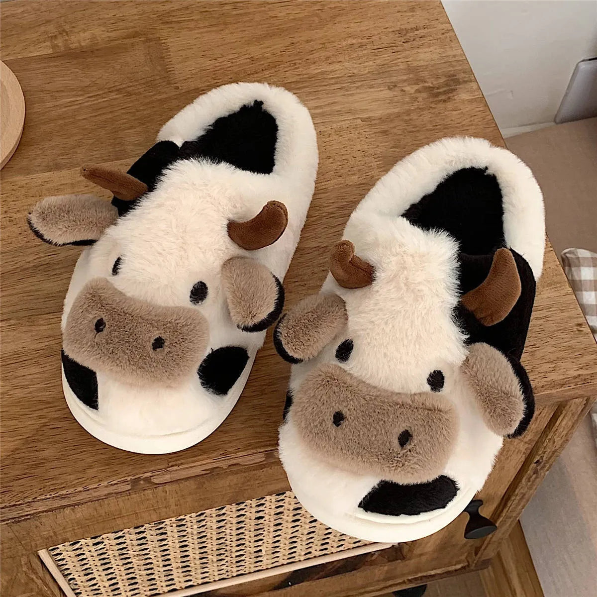 Women's white cartoon cow slippers with fluffy faux fur and anti-slip textured soles
