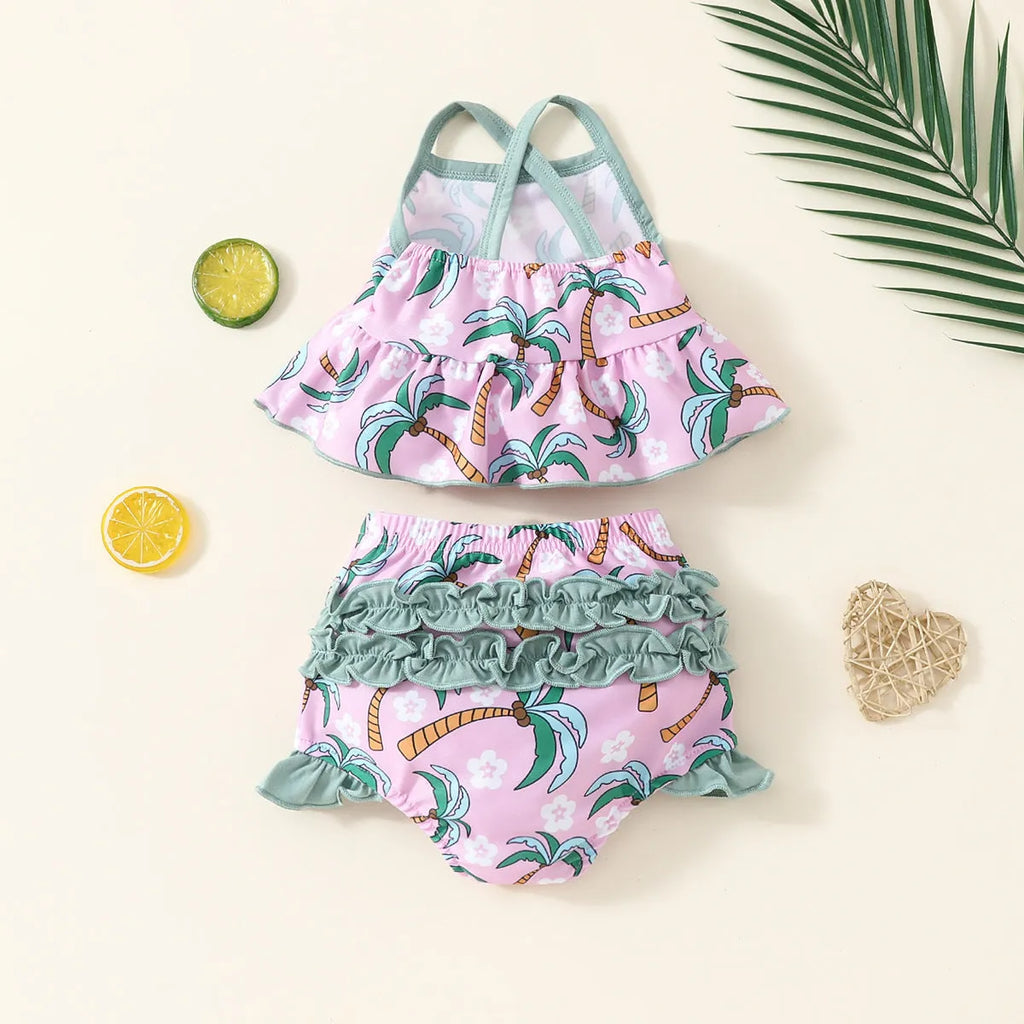 White children's two-piece polyester swimsuit set with top and shorts for spring beachwear.