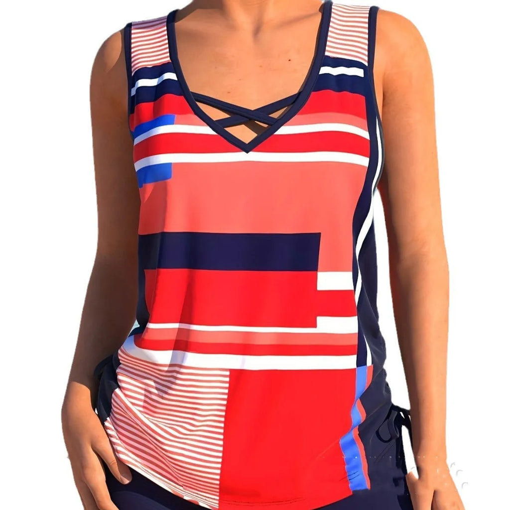 Women's printed swimsuit with boxer shorts in black, navy blue, or light green colours