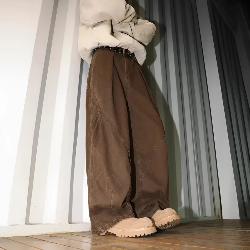 Men's straight leg trousers in striped black, brown and apricot colours with elasticated fabric