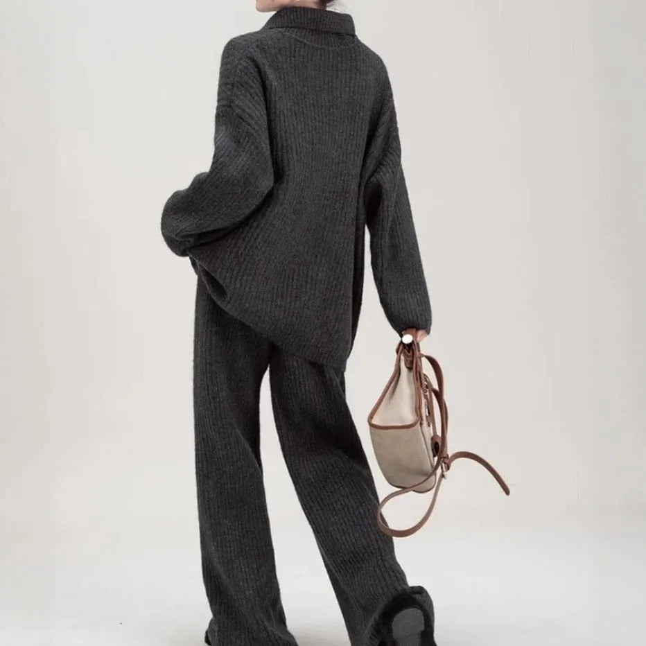 Women's dark grey knit sweater and matching trousers casual two-piece set