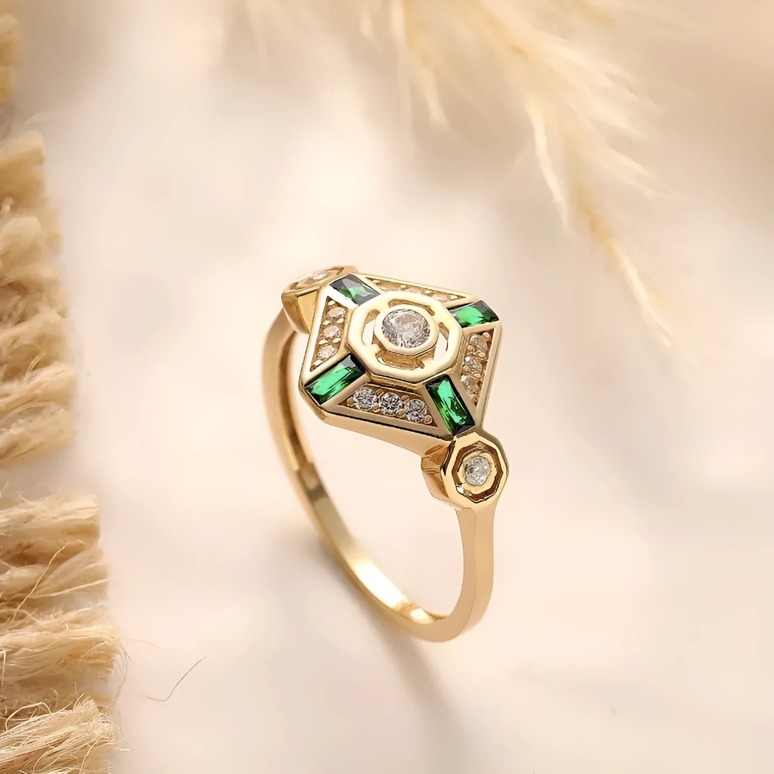 INS style emerald diamond ring with geometric square design in lvzuan colour on women's hand