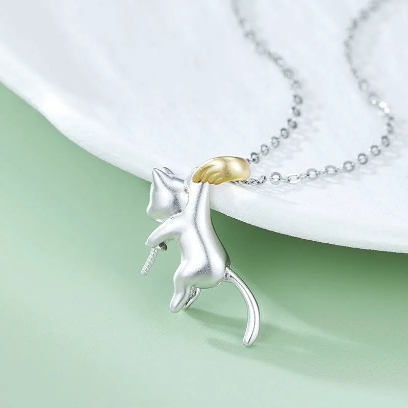 925 sterling silver cat pendant clavicle chain necklace with electroplating and pearl bead options
