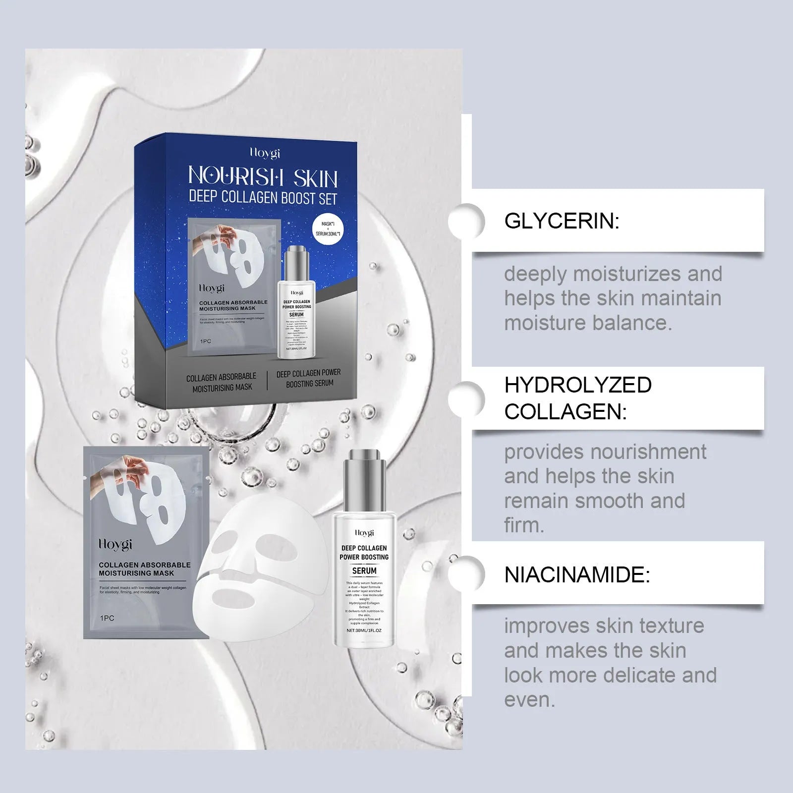 Single-use collagen moisturising facial sheet mask and 30ml essence sachet.
