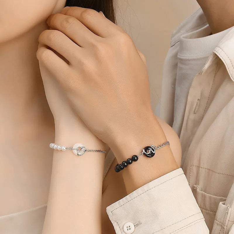 925 sterling silver Chinese obsidian pearl bracelet with safety buckle and zodiac snake design for couples