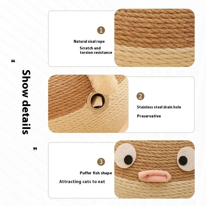Puffer leakage food feeder cat toy, a 15cm sisal hemp cube for interactive feeding.